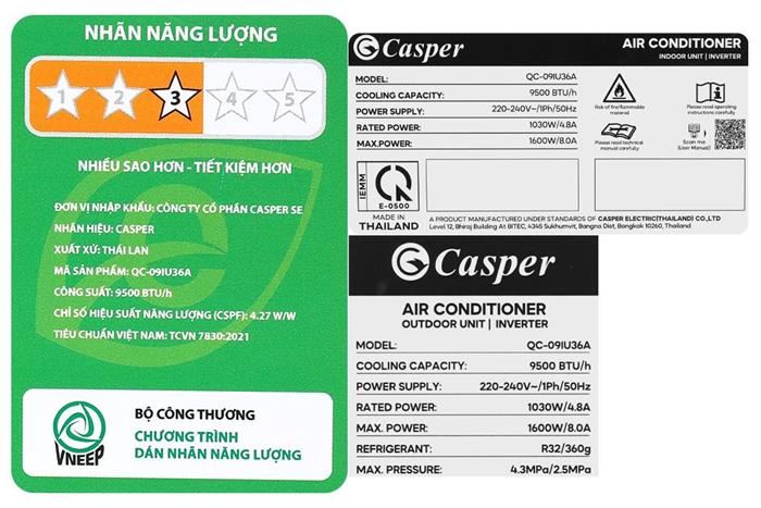 Điều hòa Casper Inverter 9000 BTU 1 chiều QC-09IU36A - Model 2025